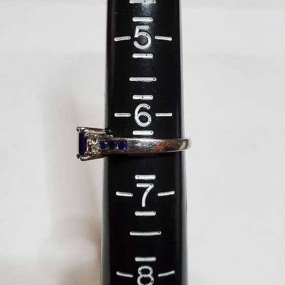 Stamped 925 Sterling Silver Deep Blue Sapphire Faux Diamond Ring - Picture 7 of 9